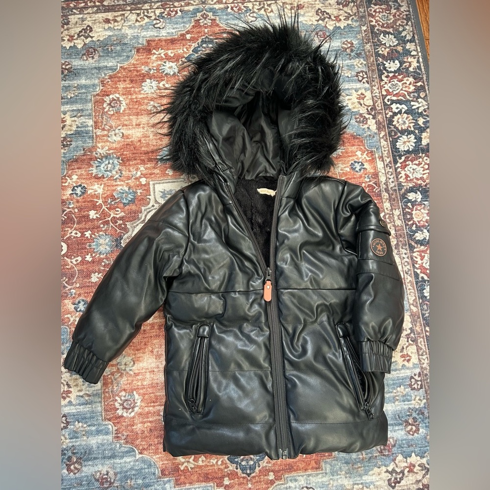 Faux Leather Hooded Jacket with Fur Trim size 4t kids